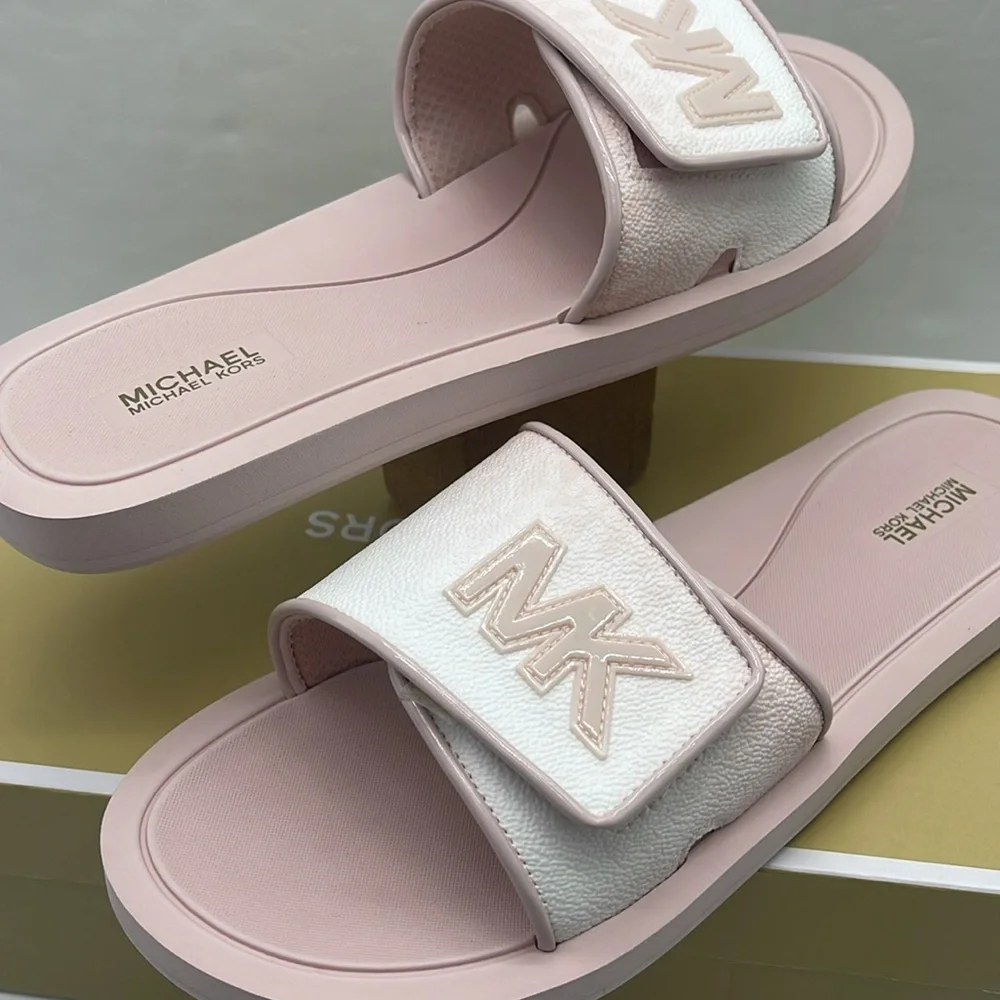 Michael Kors Slide Logo Sandals Palmer Ombré Signature Powder Blush Multi  NWT
